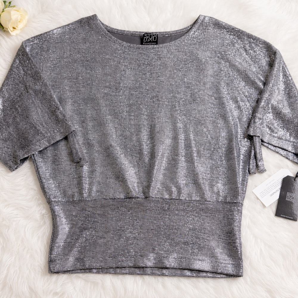 CLARA SUNWOO Metallic Silver Short Sleeve Top